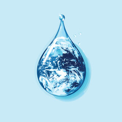 Water drop encompassing the earth showcasing water resource and conservation needs , vector style simple color
