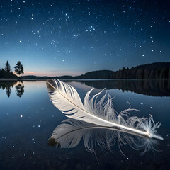 A delicate feather reflected on a mirror-like lake beneath a starry sky, evoking tranquility