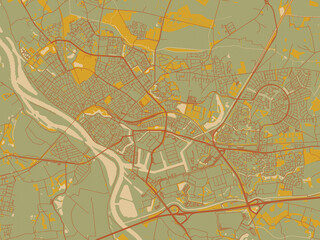 Vector-style flat map of Deventer, Netherlands with earthy sage background with rust roadways and ochre details.