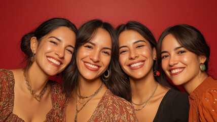 Obraz premium Group of four happy Mexican women sharing laughter and warmth against a festive red backdrop Generative AI