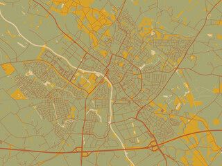 Modern flat map poster of Doetinchem, Netherlands in sage/olive tone field with rust networks and ochre shapes, cream water.