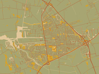 Flat painterly map of Drachten, Netherlands in sage green ground with rust-red roads and ochre accents.