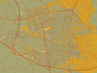 Obraz premium Flat painterly map of Ede, Netherlands in muted sage base, rust-colored roads, and soft ochre highlights.