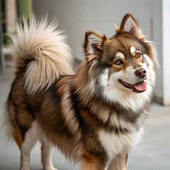 A Finnish Lapphund with thick fur and friendly eyes, known for its intelligence