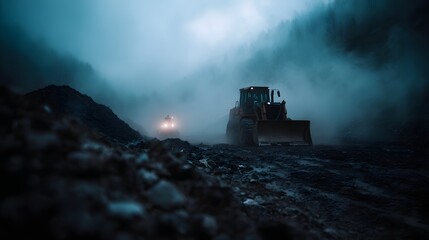 Fototapeta premium Two bulldozers operate in a misty industrial landscape during dawn or dusk