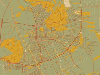 Naklejka premium Vector-style flat map of Emmen, Netherlands with sage green ground with rust-red roads and ochre accents.