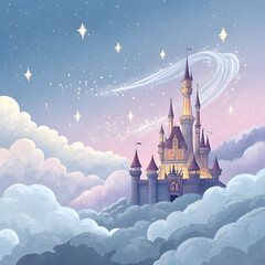 A majestic floating castle in the clouds, glowing with magical light