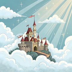 A majestic floating castle in the clouds, glowing with magical light