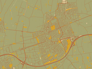 Vector-style flat map of Etten-Leur, Netherlands with olive backdrop with warm rust street network and ochre blocks.
