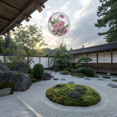 A serene floating flower orb hovering in a zen garden, symbolizing peace, balance