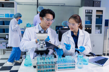 Glass vial, pipette and scientist in laboratory for medical study, research or experiment.