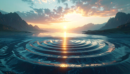 Golden light of a serene sunset reflecting on circular ripples across tranquil waters surrounded by majestic mountains, creating a harmonious and peaceful natural landscape