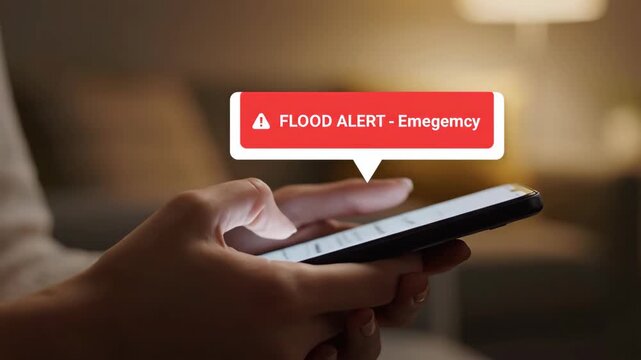 Close-up of hands receiving a flood alert notification on a smartphone. Mobile emergency warning for natural disaster preparedness. Digital communication concept