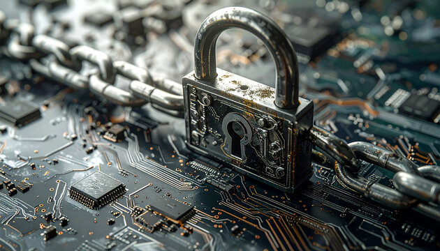 Robust digital security concept featuring a symbolic padlock and chain integrated with a complex circuit board, representing advanced data protection, cybersecurity, and blockchain technology