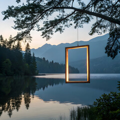 A mystical floating wooden frame glows above a tranquil lake, symbolizing imagination