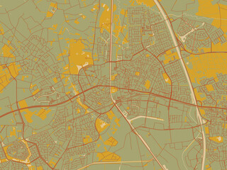 Modern flat map poster of Helmond, Netherlands in muted sage base, rust-colored roads, and soft ochre highlights.