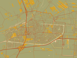 Contemporary flat map of Hoogeveen, Netherlands design with earthy sage background with rust roadways and ochre details.