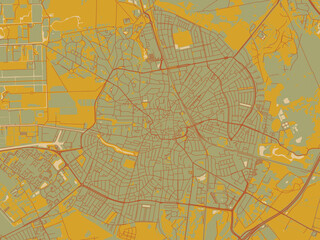 Poster-ready flat map of Hilversum, Netherlands, earthy sage background with rust roadways and ochre details.