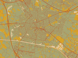 Graphic flat color map of Hengelo, Netherlands in sage/olive tone field with rust networks and ochre shapes, cream water.
