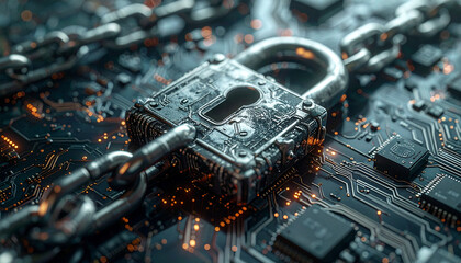 Securely locking down digital information with a padlock and chain over a motherboard circuit board with glowing orange lights
