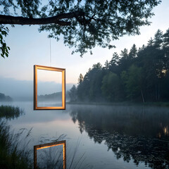 A mystical floating wooden frame glows above a tranquil lake, symbolizing imagination