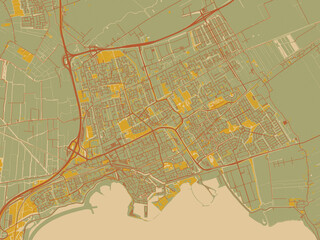 Graphic flat color map of Hoorn, Netherlands in sage green ground with rust-red roads and ochre accents.