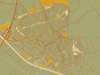 Vector-style flat map of Houten, Netherlands with olive backdrop with warm rust street network and ochre blocks.