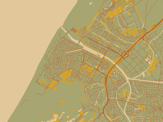 Modern flat map poster of Katwijk, Netherlands in sage green ground with rust-red roads and ochre accents.