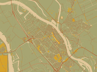 Poster-ready flat map of Kampen, Netherlands, olive backdrop with warm rust street network and ochre blocks.