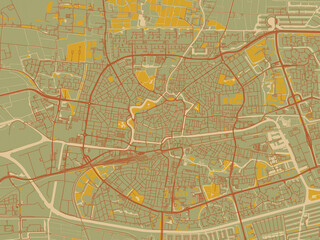 Modern flat map poster of Leeuwarden, Netherlands in muted sage base, rust-colored roads, and soft ochre highlights.
