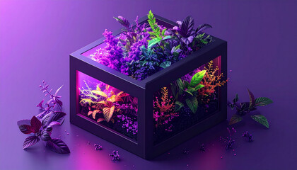 Vibrant Glowing Plants in a Futuristic Terrarium Box, Illuminated by Neon Purple and Magenta Lighting, Creating a Captivating Botanical Display in a Dark Setting