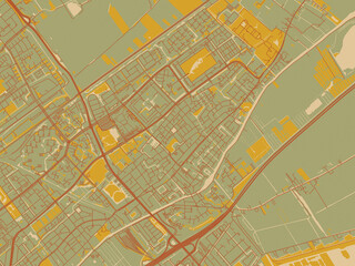 Obraz premium Graphic flat color map of Leidschendam, Netherlands in sage/olive tone field with rust networks and ochre shapes, cream water.