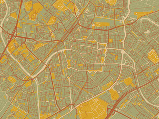 Contemporary flat map of Leiden, Netherlands design with muted sage base, rust-colored roads, and soft ochre highlights.