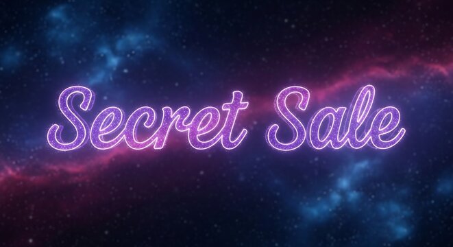 Bold 'Secret Sale' neon glows against a cosmic backdrop. Ideal for promotions, e-commerce, retail marketing. Add vibrancy to advertising campaigns, discounts, & events.