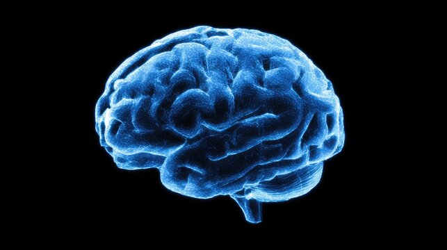 Human brain rendered in blue against a black background for medical concepts