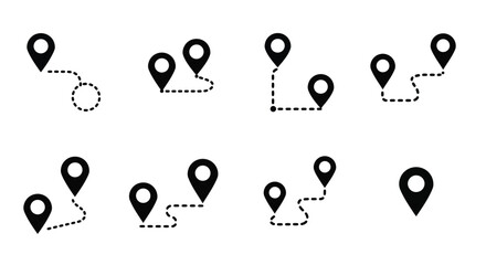 Collection of black location pin icons with dotted lines connecting them