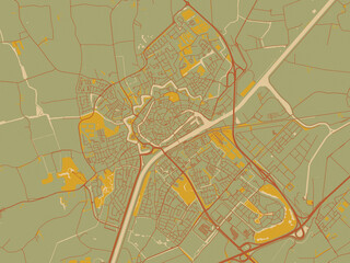 Graphic flat color map of Middelburg, Netherlands in muted sage base, rust-colored roads, and soft ochre highlights.