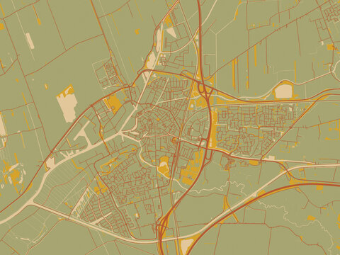 Graphic flat color map of Meppel, Netherlands in earthy sage background with rust roadways and ochre details.