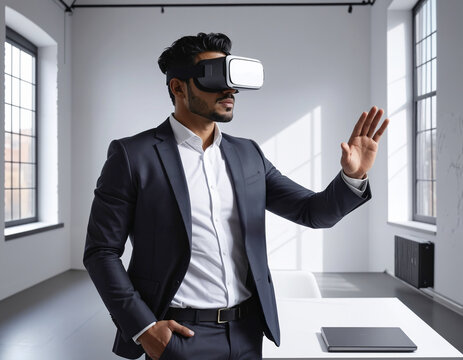 Businesperson With Virtual Reality Headset Analyzing Stock Market Data On Futuristic Display