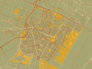 Decorative flat city map of Purmerend, Netherlands using muted sage base, rust-colored roads, and soft ochre highlights.