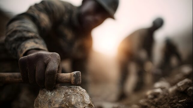 Worker s hand gripping a tool to break a rock with other figures toiling in the background under a hazy warm sunlight signifying arduous labor