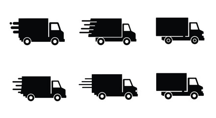 Black silhouette illustrations of delivery trucks at varying speeds and angles
