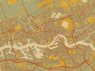 Obraz premium Decorative flat city map of Rotterdam, Netherlands using sage/olive tone field with rust networks and ochre shapes, cream water.
