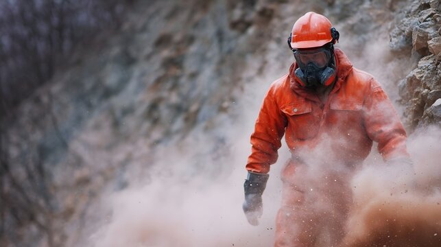 A worker in full protective gear including a gas mask and hard hat walks through a cloud of dust in a quarry or industrial mining site