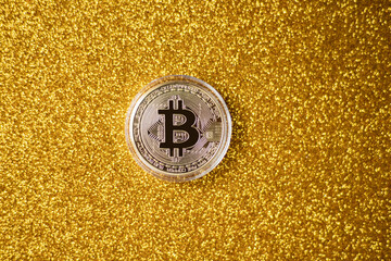 Bitcoin virtual money and fiat money coins Euro. Decentralised Cryptocurrency logo of BTC coin. 