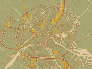 Flat painterly map of Sneek, Netherlands in sage/olive tone field with rust networks and ochre shapes, cream water.