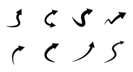 Collection of various curved black arrows representing different directions and movement