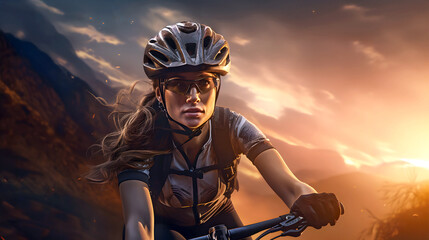 Cyclist rides through mountainous terrain at sunset, showcasing determination and skill during an evening adventure
