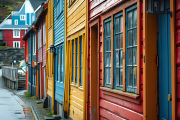 Colorful waterfront houses in a charming coastal town during a sunny day
