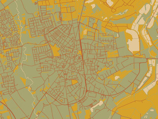 Obraz premium Decorative flat city map of Valkenswaard, Netherlands using olive backdrop with warm rust street network and ochre blocks.